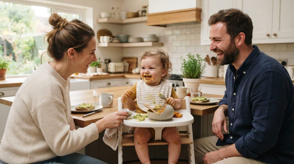 bebê usando cadeira de alimentação durante refeição em casa com a família