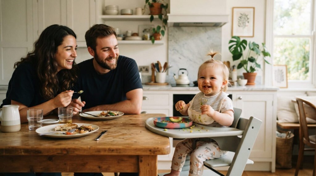 cadeira de alimentação para bebê em uso no dia a dia durante a introdução alimentar