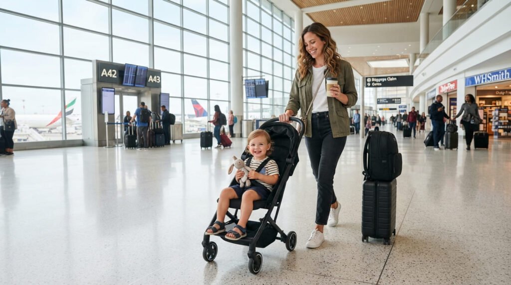 mãe com carrinho compacto para viagem no portão de embarque do avião